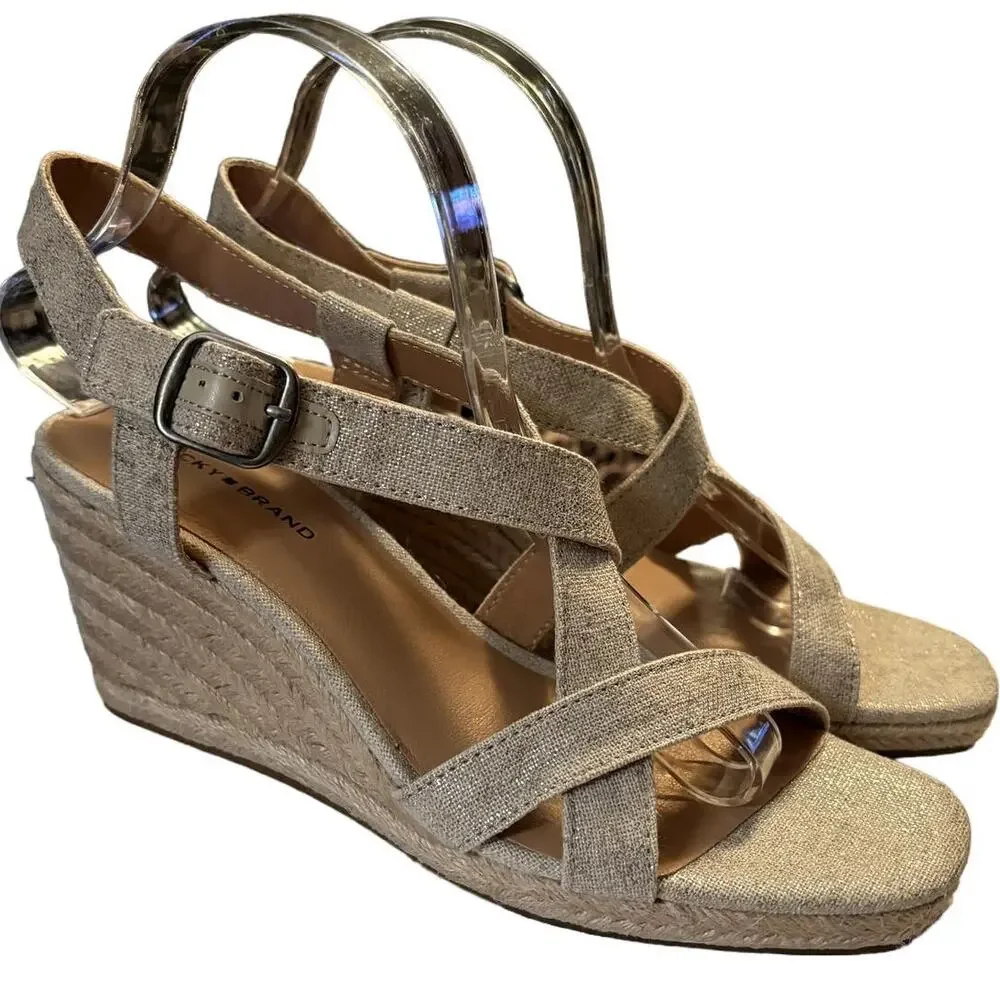 NEW Lucky Brand Mytila Espadrille Sandals Women's Size 9.5 M Wedge Natural Gold